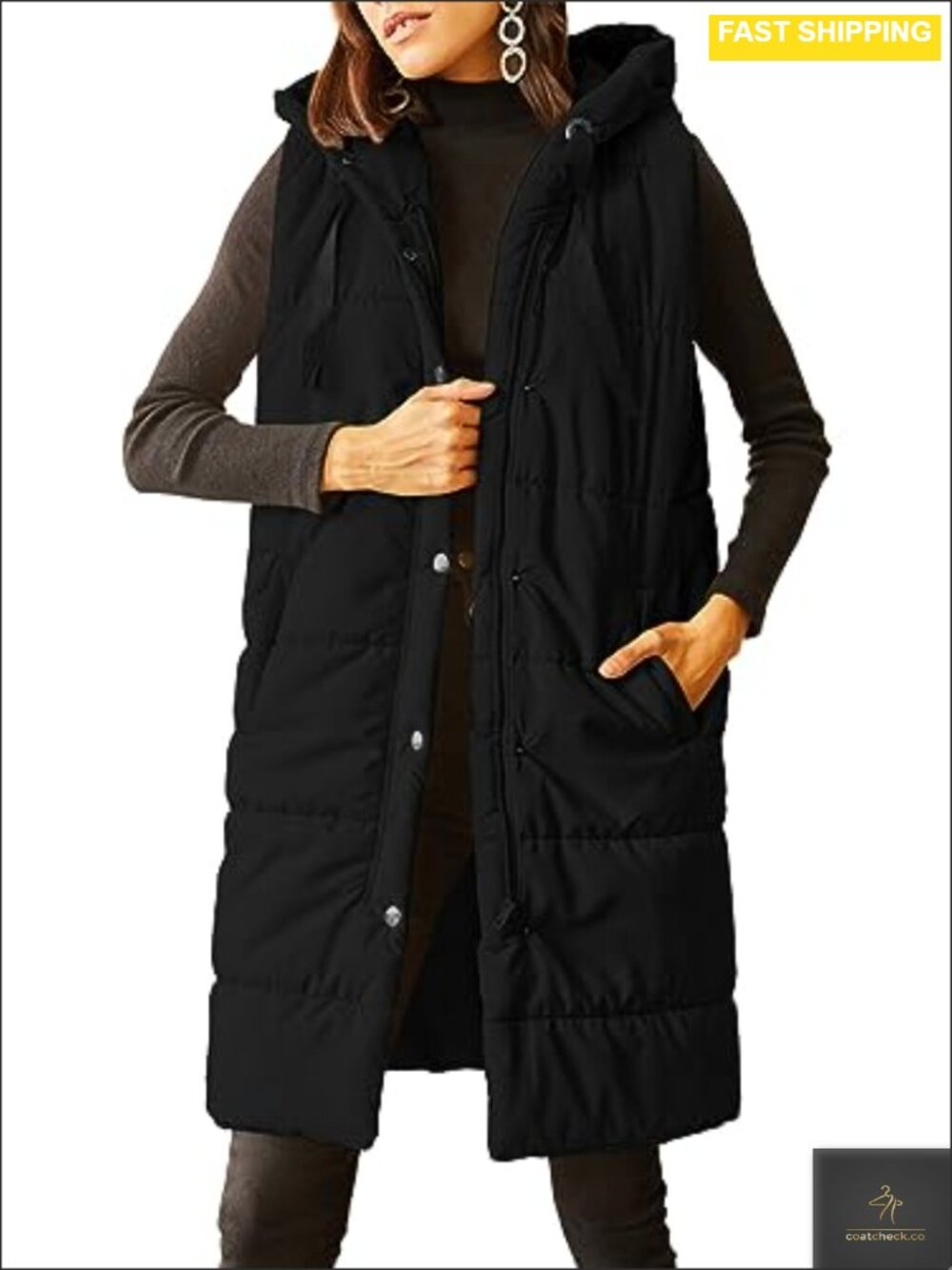 Women's Long Quilted Puffer Vest Sleeveless Hooded Button Down Padded